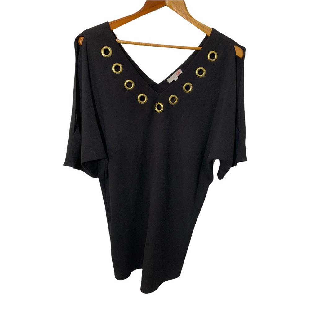 GIANNI BINI BLACK DEEP PLUNGE V-NECK AND BACK DRESS WITH GOLD ACCENTS